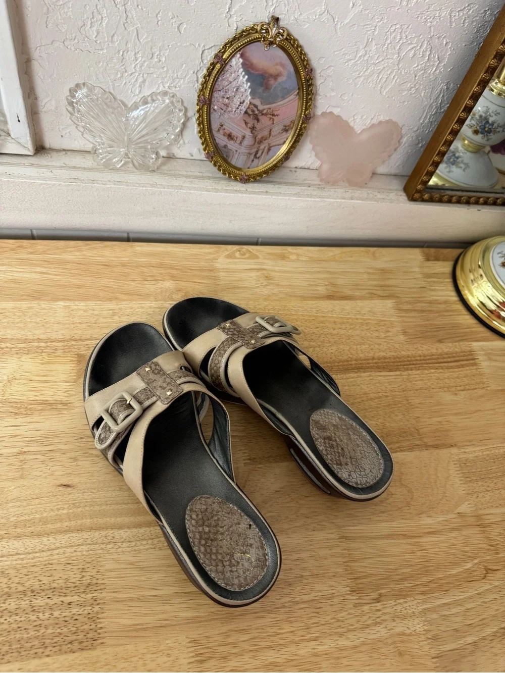 2000’s Cole Haan Y2K Platform Wedge Slide Sandals Beige Brown Leather Size 7